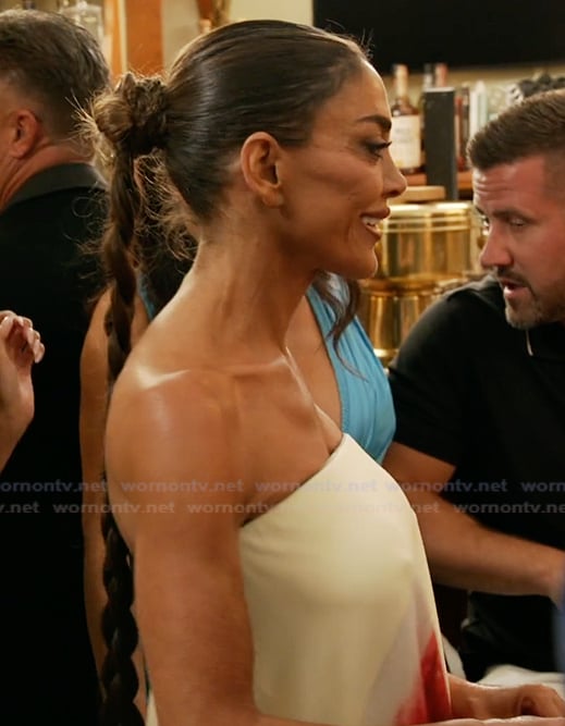 Liz’s off shoulder floral maxi dress on The Real Housewives of Rhode Island