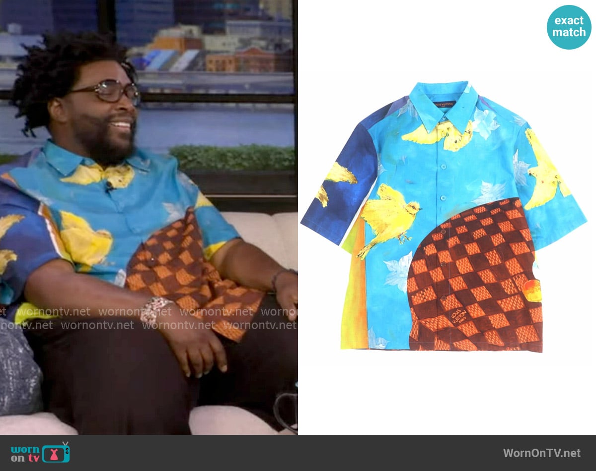 Louis Vuitton Damier Printed Short Sleeve Shirt in Bird Motif worn by Questlove on Live with Kelly and Mark