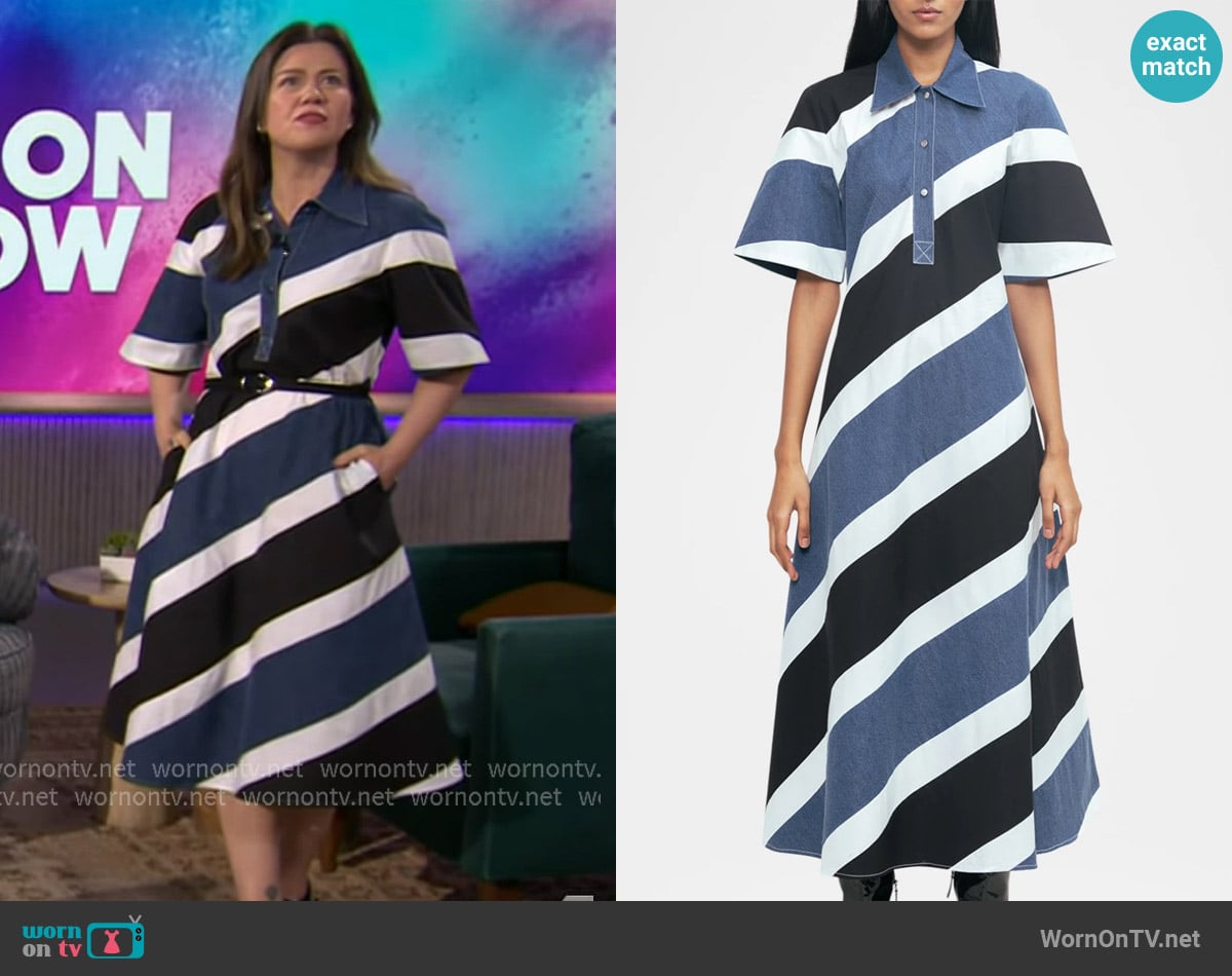 Lovebirds Gravity Striped Cotton Midi Shirtdress worn by Kelly Clarkson on The Kelly Clarkson Show