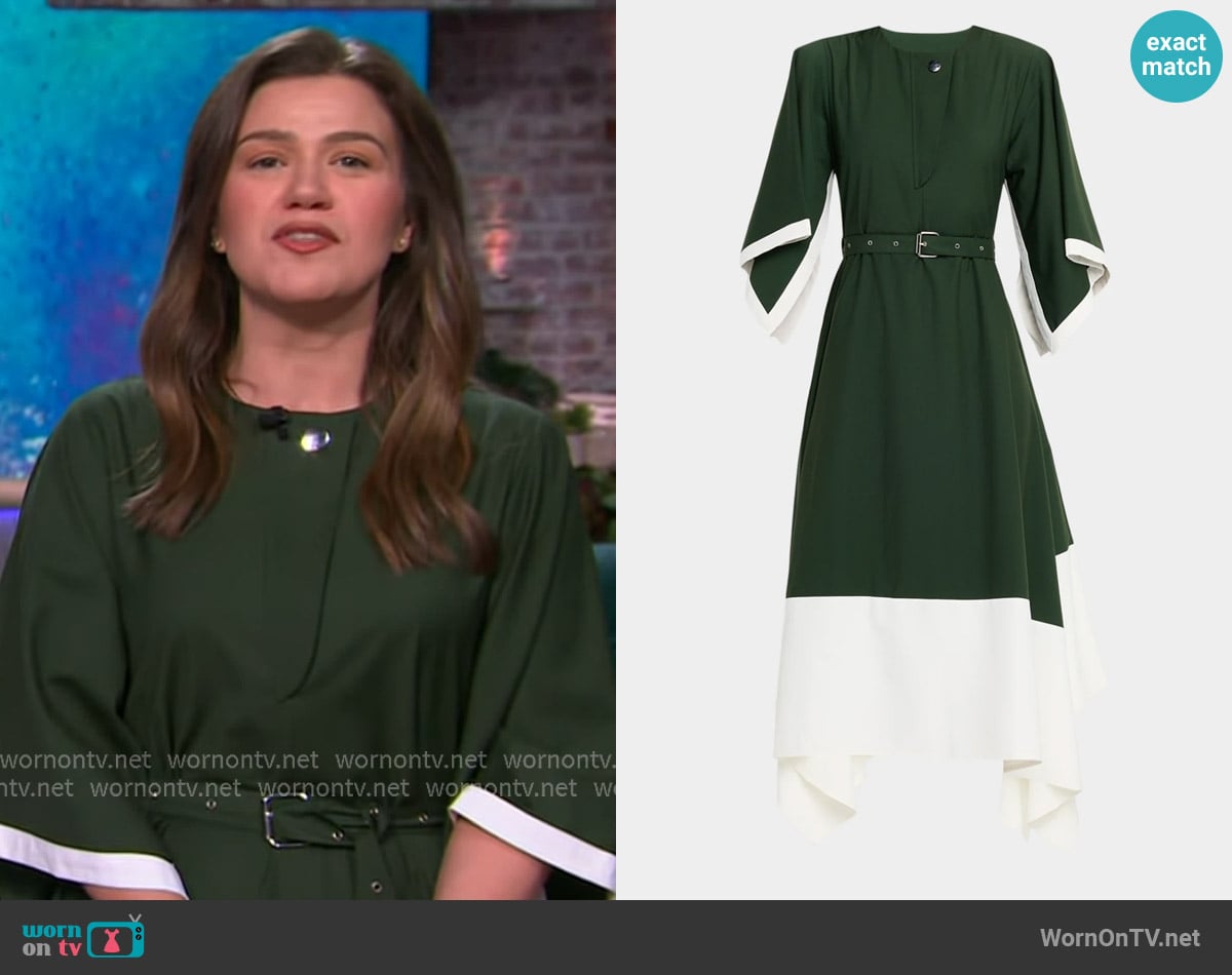 Lovebirds Jade Belted Colorblock Handkerchief Midi Skirt worn by Kelly Clarkson on The Kelly Clarkson Show