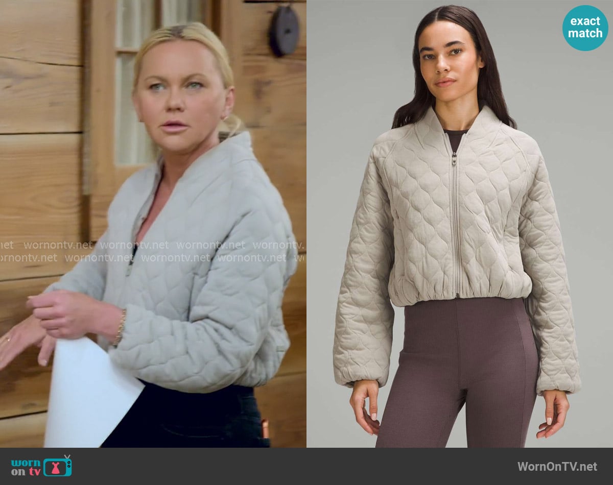 Lululemon Quilted Bomber Jacket in Riverstone worn by Galyna Saltkovska on The McBee Dynasty Real American Cowboys