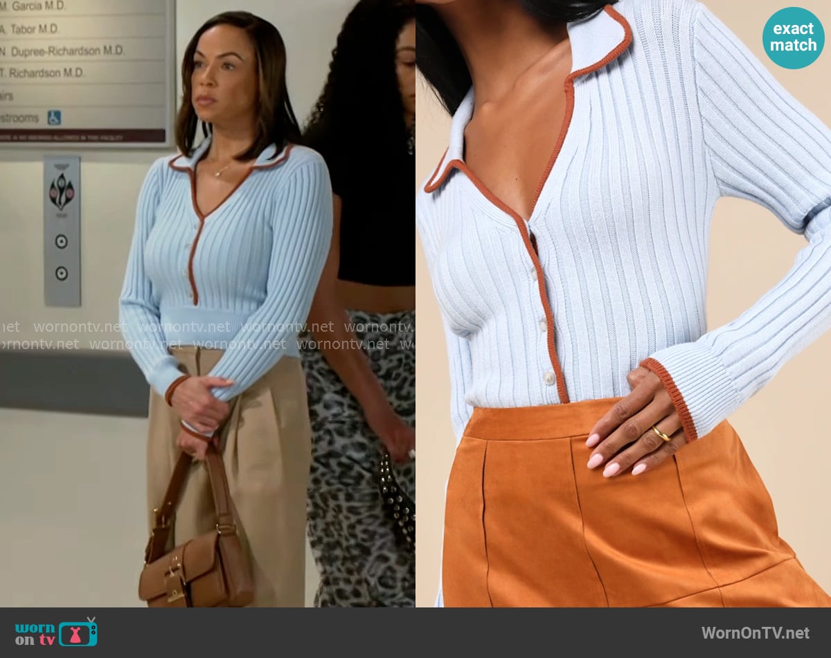 Lulus Curated Season Blue Collared Sweater Top worn by Nicole Dupree Richardson (Daphnee Duplaix) on Beyond the Gates