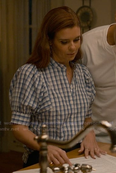 Maddie’s blue check short sleeve shirt on Sweet Magnolias