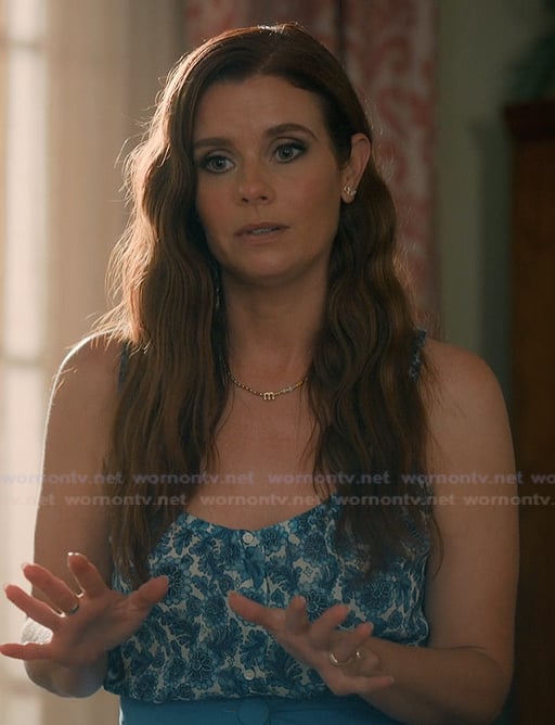 Maddie’s blue floral print top on Sweet Magnolias