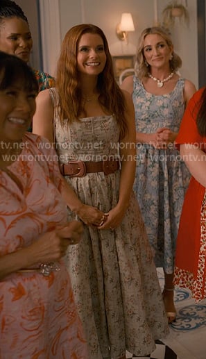 Maddie’s green floral square neck midi dress on Sweet Magnolias