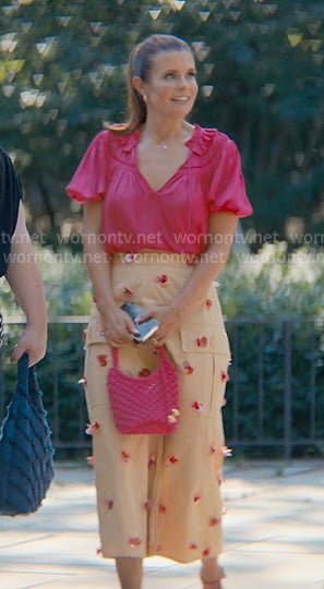 Maddie’s pink pleated top and beige embellished skirt on Sweet Magnolias