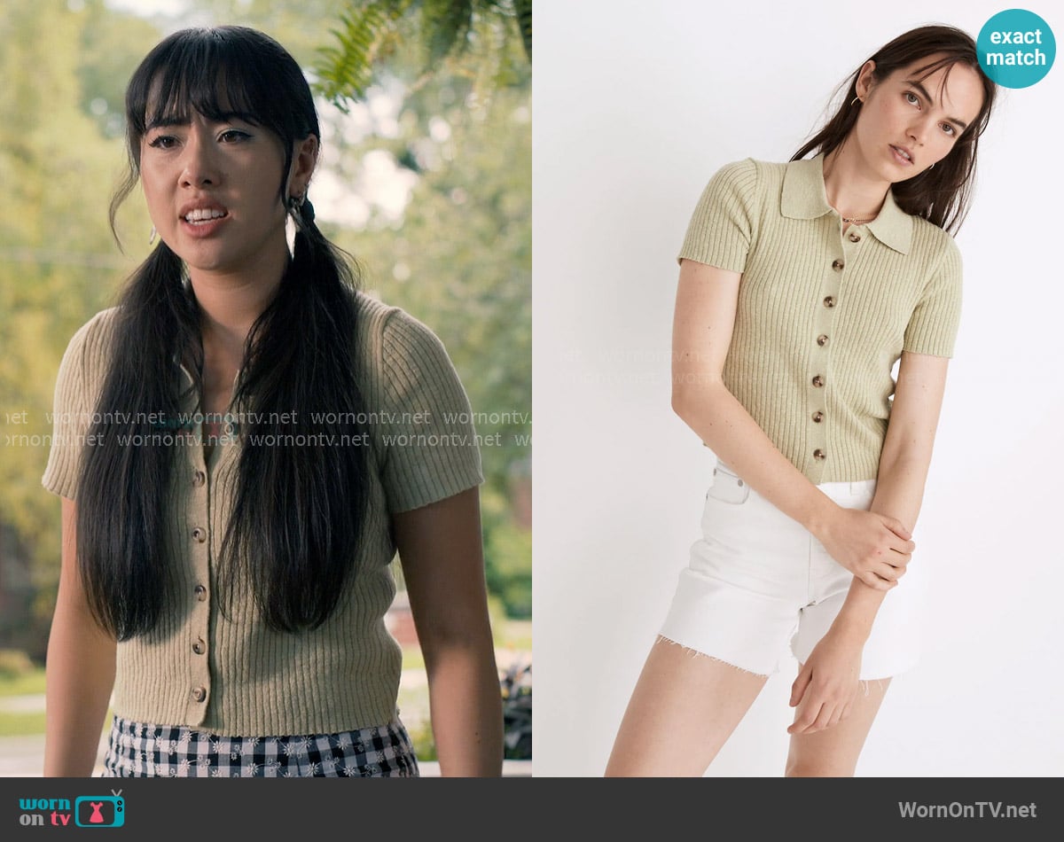 Madewell Barbrook Button-Front Sweater Polo in faded seagrass worn by Lily Song (Artemis) on Sweet Magnolias