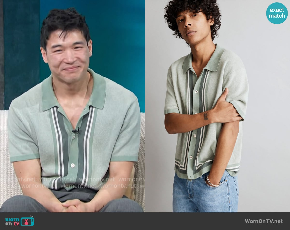 Madewell Button-Up Sweater Polo in Stripe worn by Joel Kim Booster on Access Hollywood