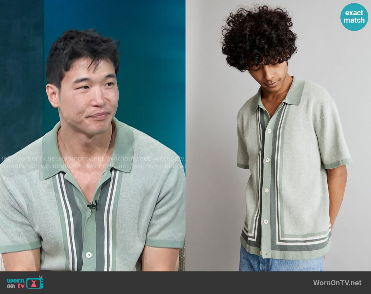 Madewell Button-Up Sweater Polo in Stripe worn by Joel Kim Booster on Access Hollywood