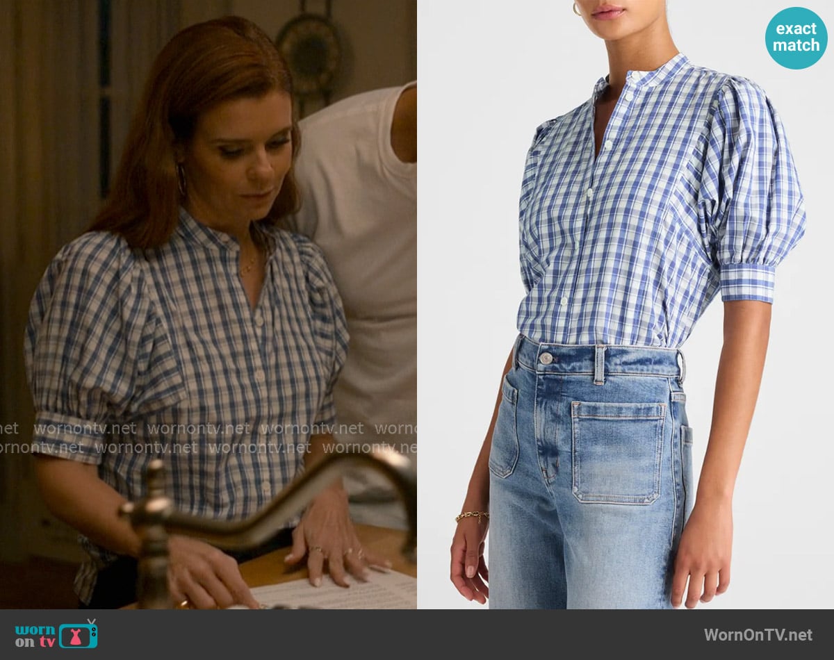 Madewell Plaid Puff Sleeve Band Collar Shirt worn by Maddie Townsend (JoAnna Garcia Swisher) on Sweet Magnolias