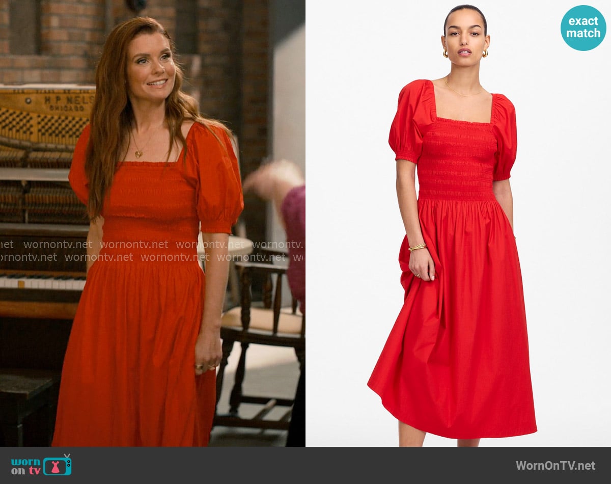 Madewell Smocked Puff Sleeve Midi Dress in Poplin Cerise worn by Maddie Townsend (JoAnna Garcia Swisher) on Sweet Magnolias