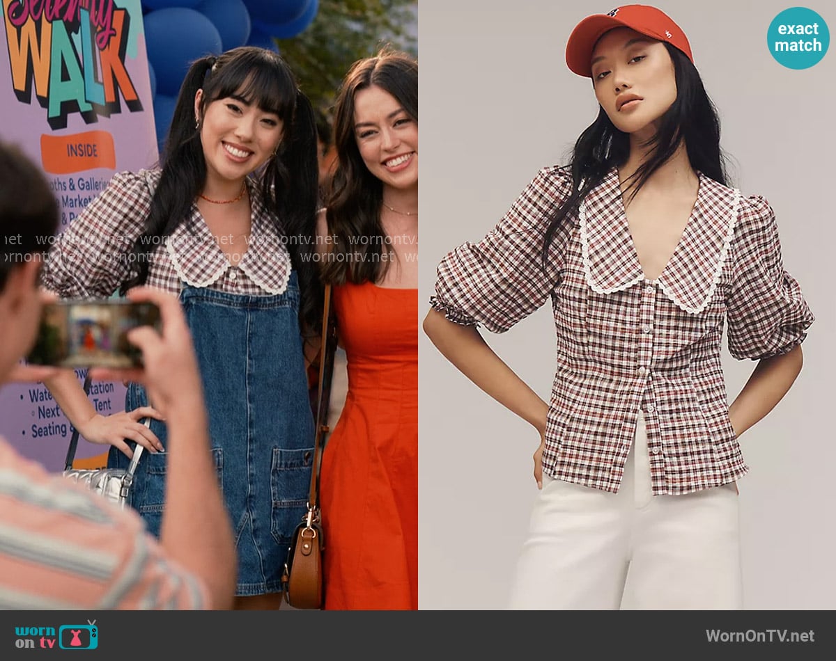 Maeve Collared Puff-Sleeve Blouse worn by Lily Song (Artemis) on Sweet Magnolias
