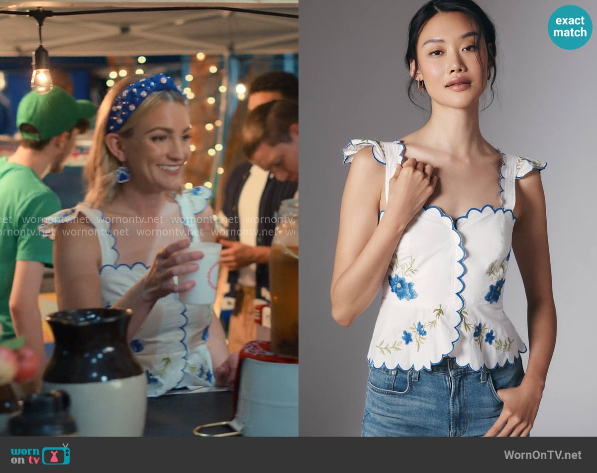 Maeve Ruffle-strap Scallop Peplum Top worn by Noreen Fitzgibbons (Jamie Lynn Spears) on Sweet Magnolias