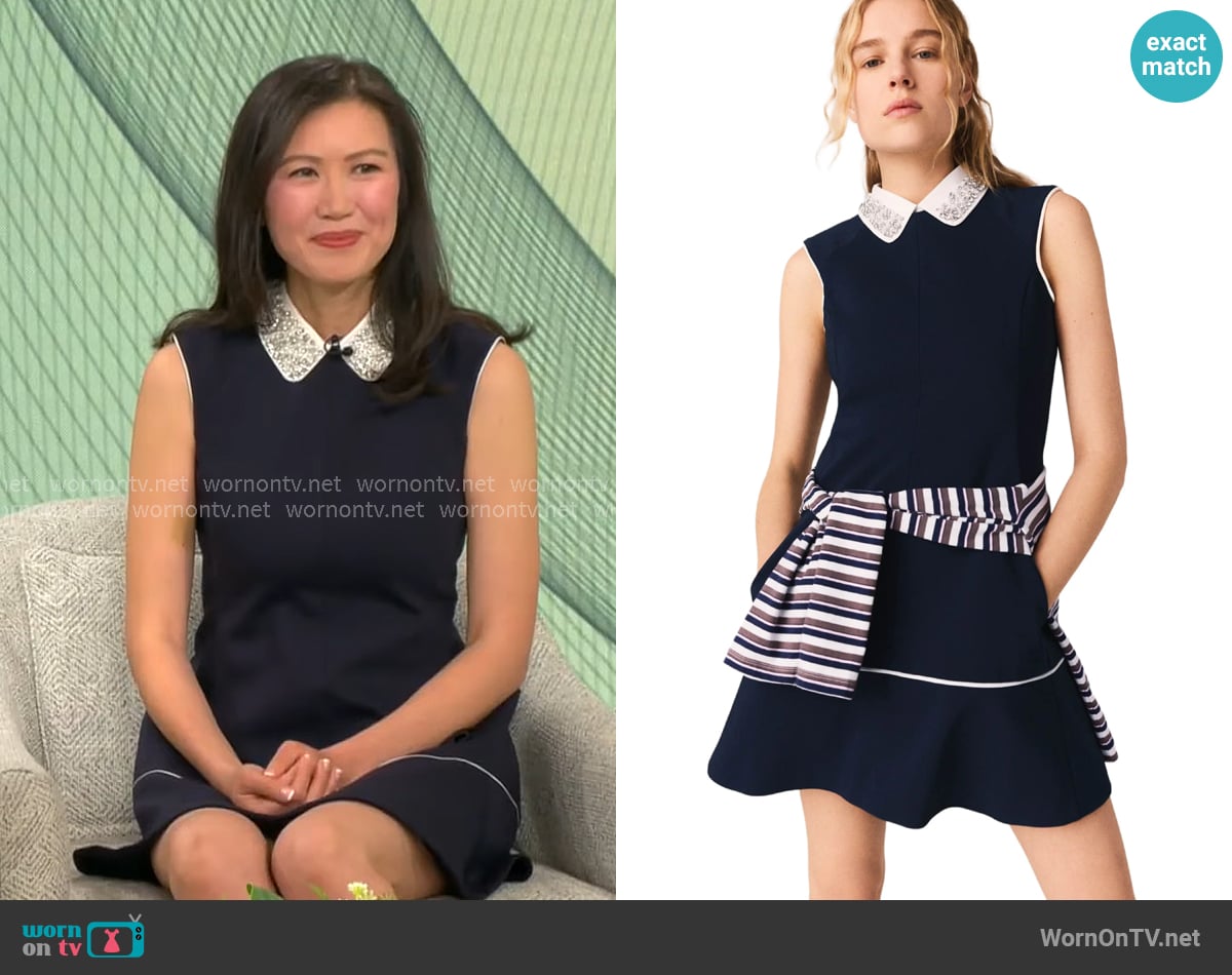 Maje Flared dress with contrast trim worn by Sophie Chen Keller on CBS Mornings
