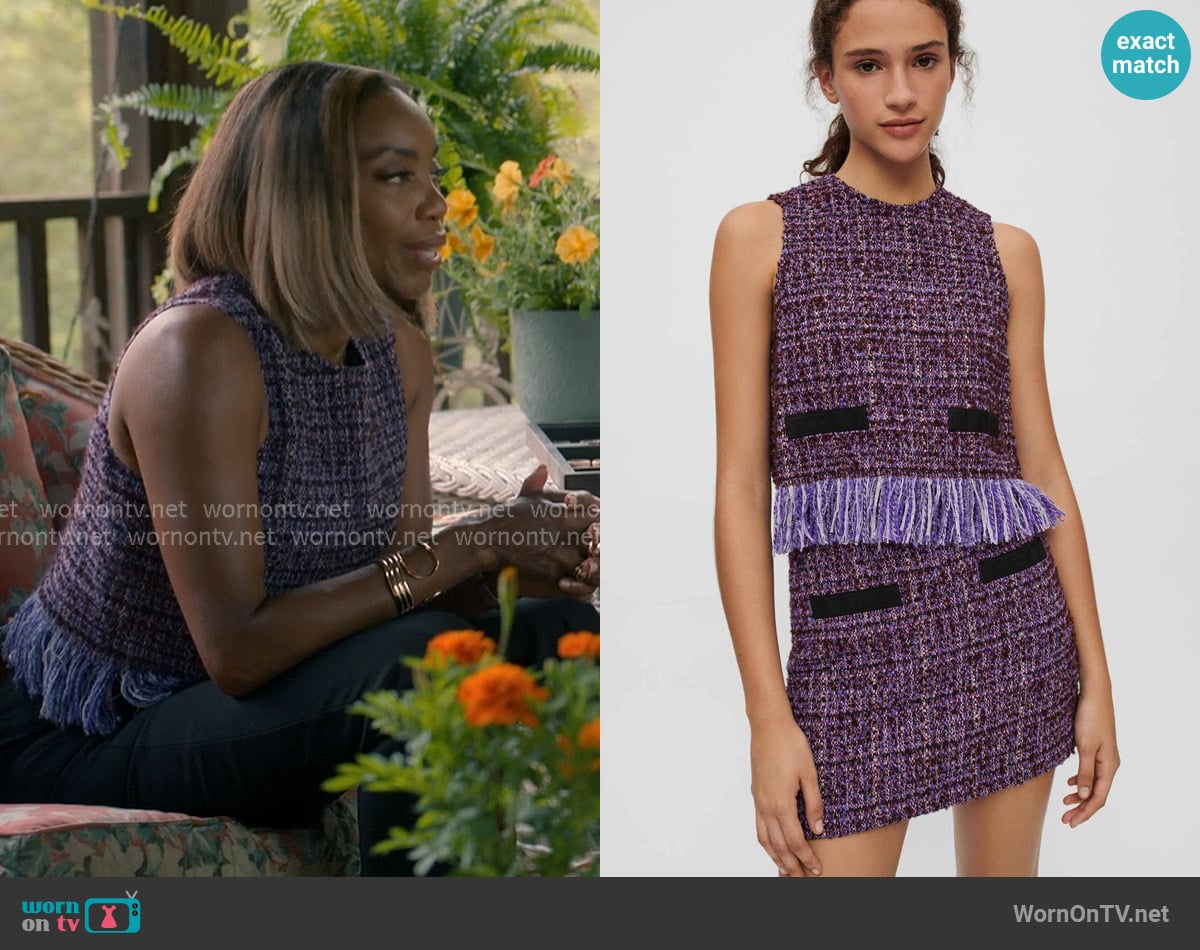 Maje Purple tweed sleeveless fringed top worn by Helen Decatur (Heather Headley) on Sweet Magnolias