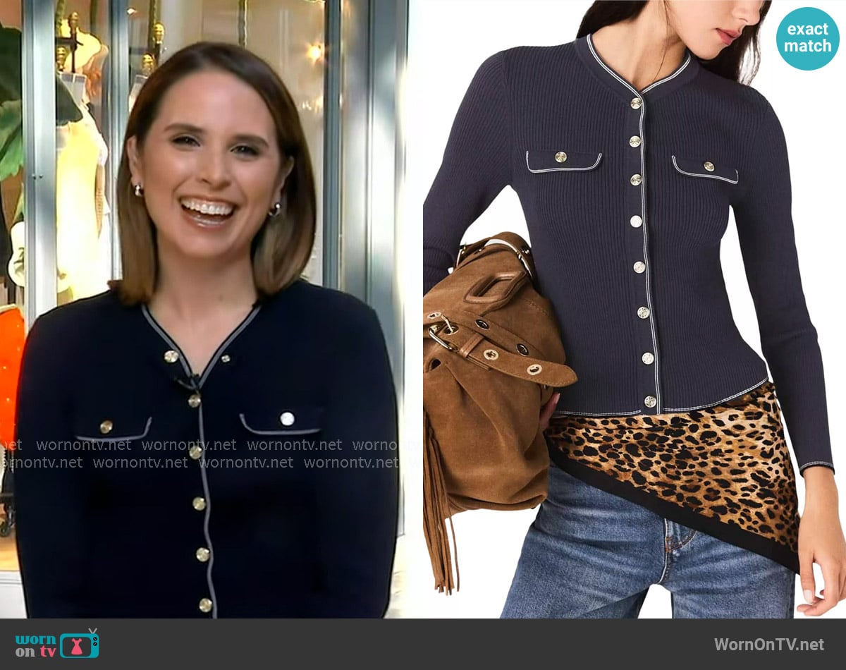 Maje Ribbed Knit Cardigan in Navy worn by Elizabeth Schulze on Good Morning America