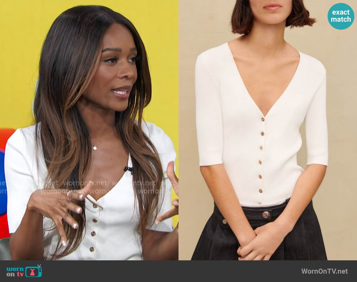 Maje Ribbed V-neck top worn by Zuri Hall on Access Hollywood