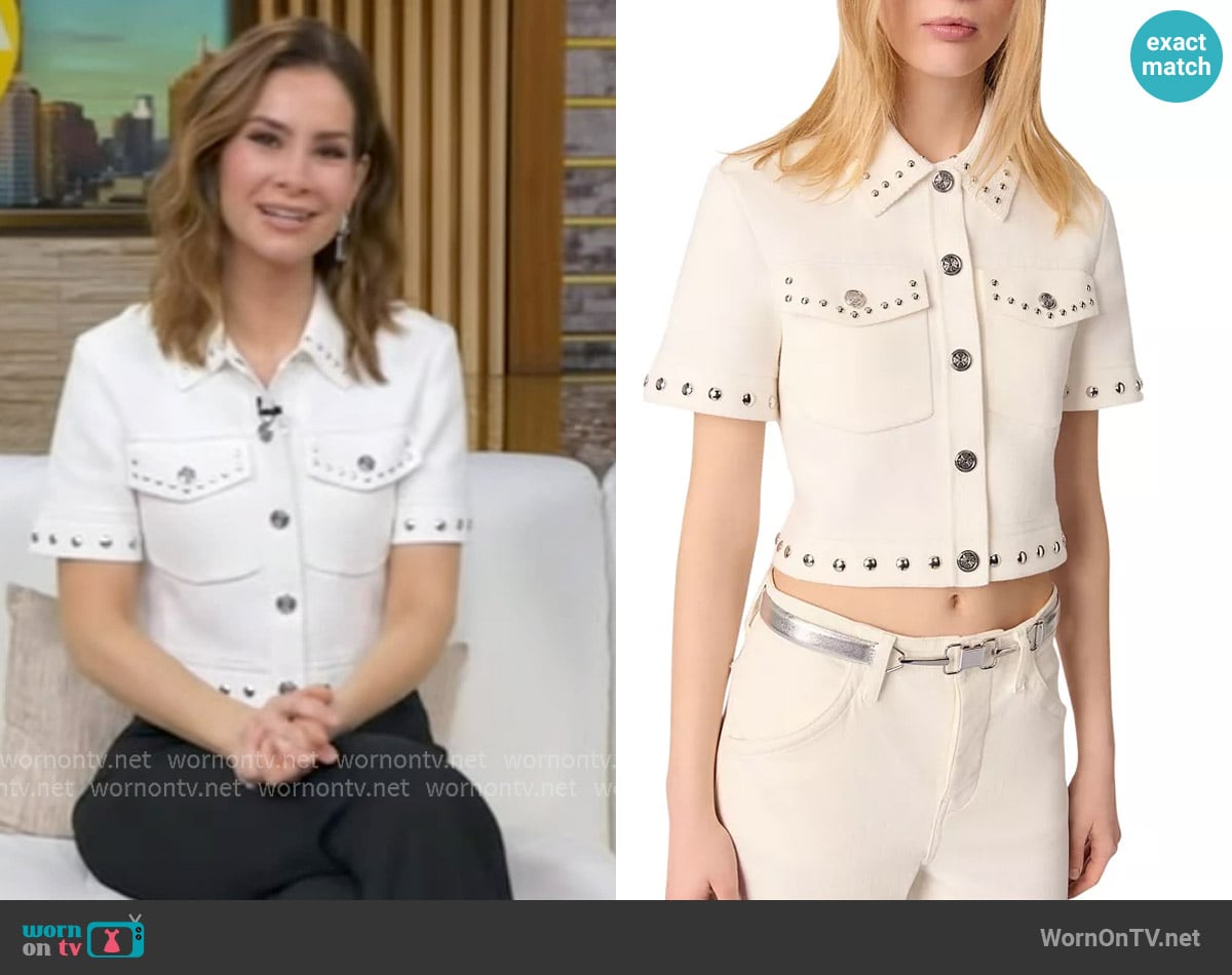 Maje Studded Cropped Cardigan worn by Rebecca Jarvis on Good Morning America