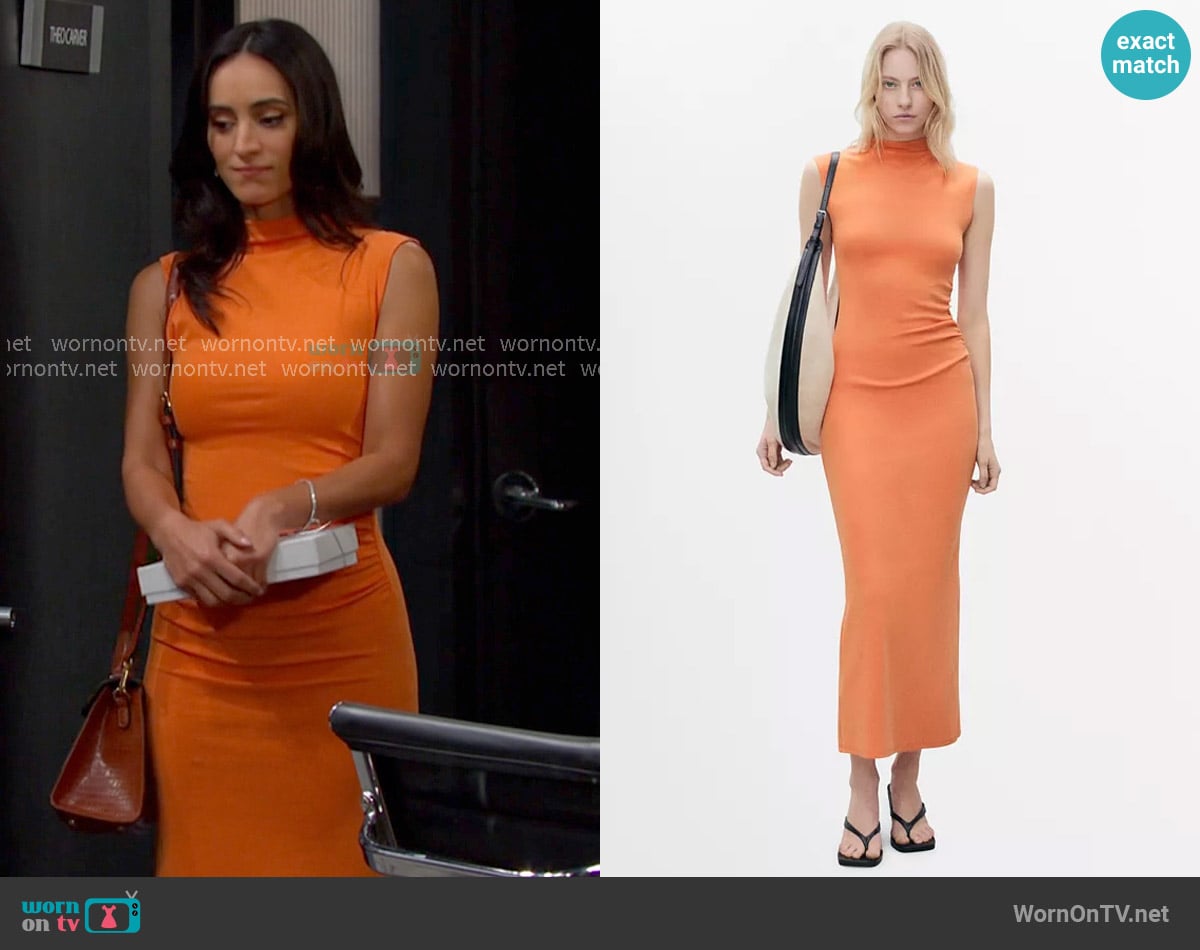 Mango Perkins Collar Draped Dress in Orange worn by Gabi Hernandez (Cherie Jimenez) on Days of our Lives