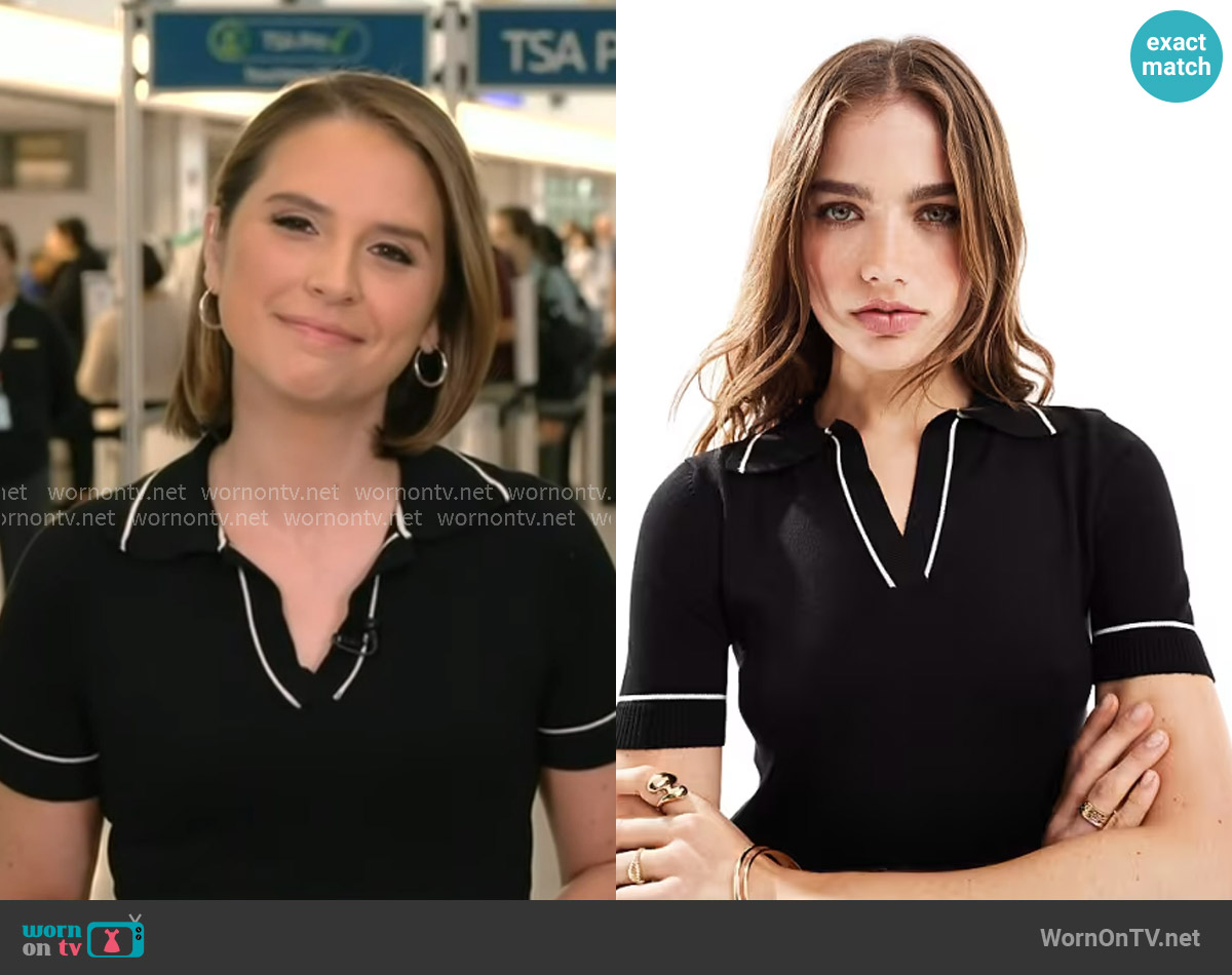 Mango Tipped Edge Polo Top in black worn by Elizabeth Schulze on Good Morning America