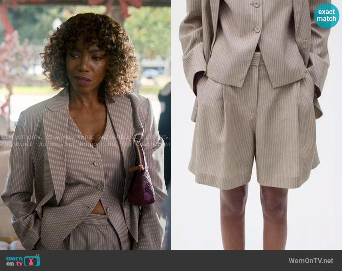 Mango Vivian Striped Wide Leg Lyocell Cotton Bermuda Shorts in Medium Brown worn by Helen Decatur (Heather Headley) on Sweet Magnolias