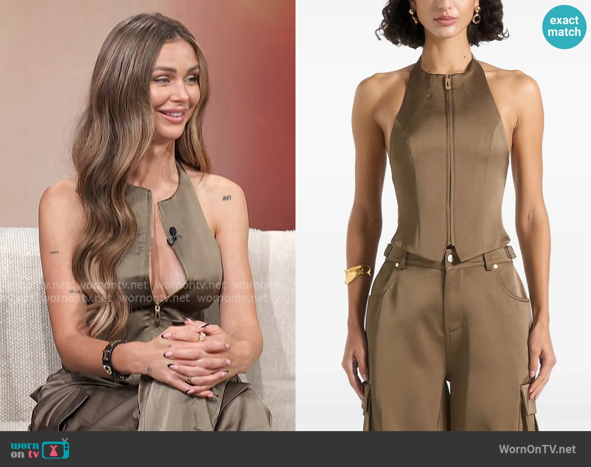 Lala’s olive satin bustier top on Access Hollywood