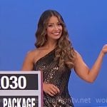 Manuela’s striped sparkly one-shoulder dress on The Price is Right