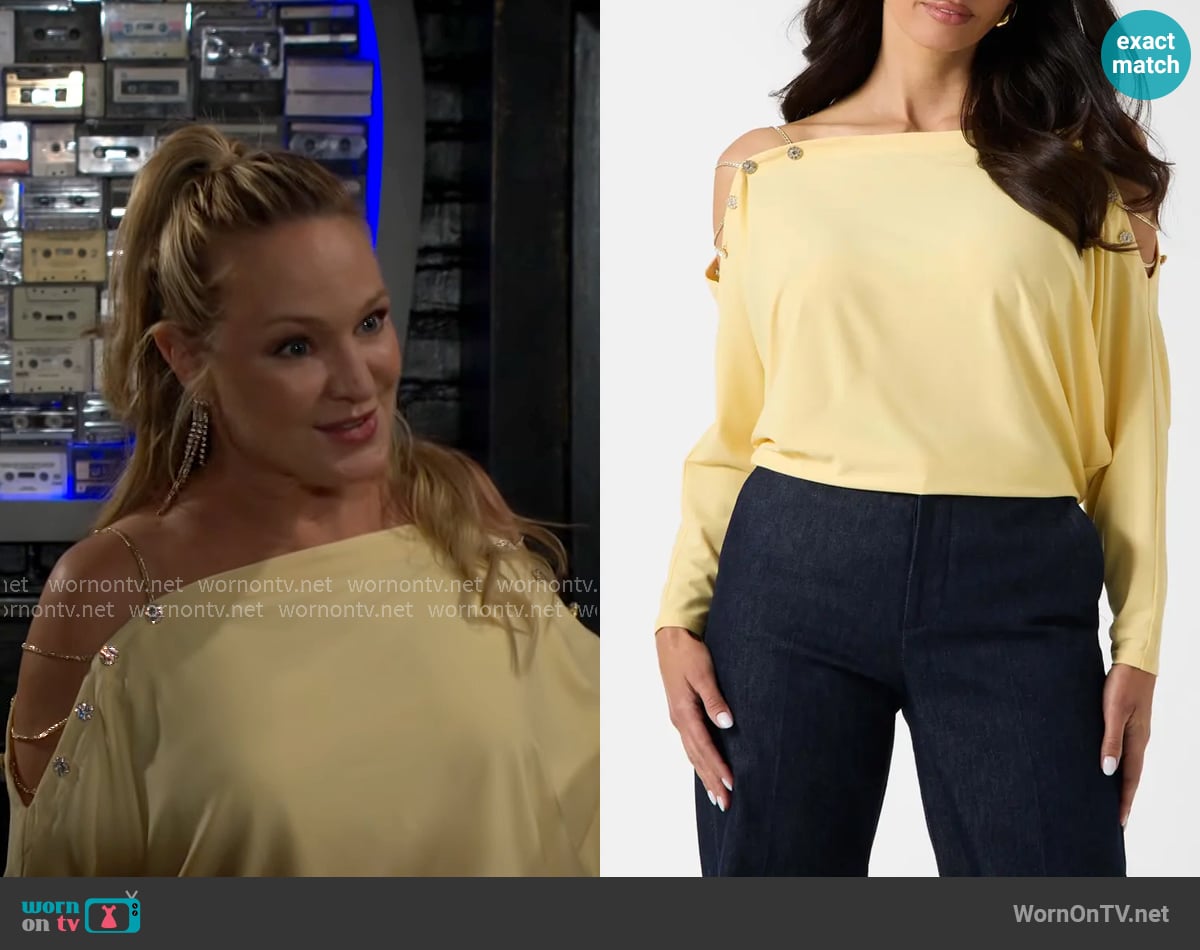 Marciano Adri Off the Shoulder Knit Top worn by Sharon Newman (Sharon Case) on The Young and the Restless