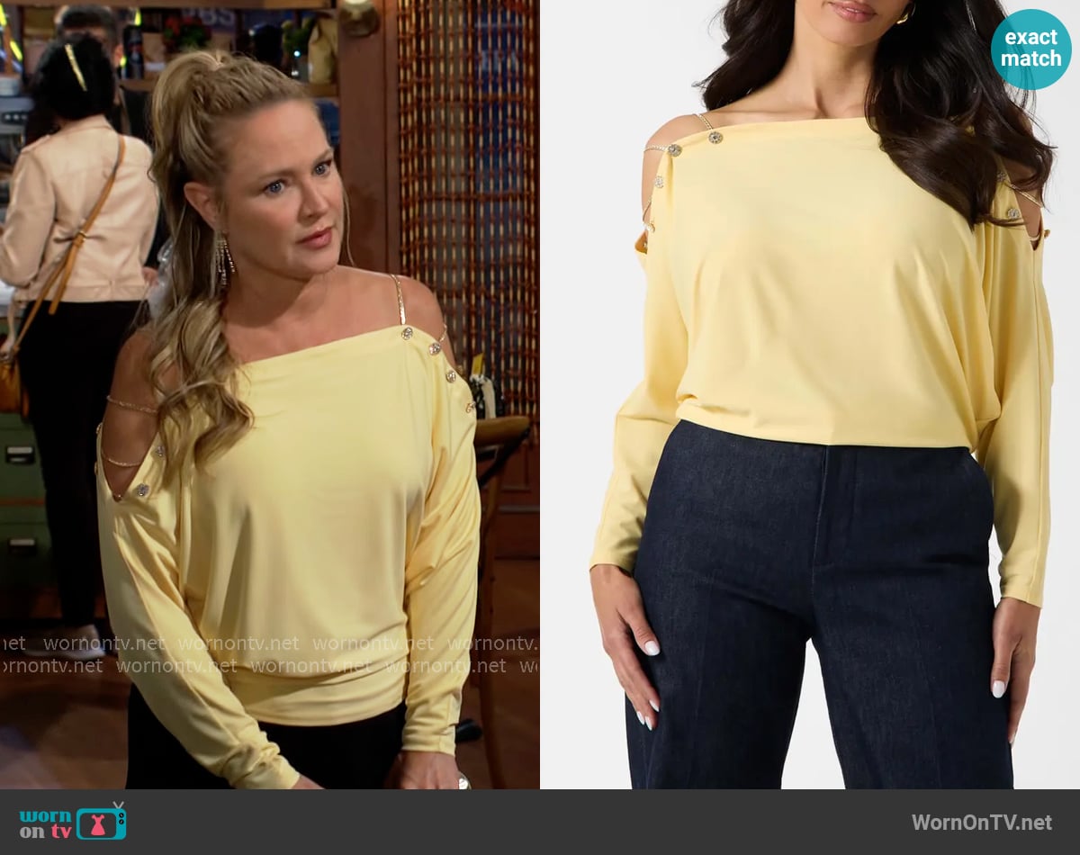Marciano Adri Off the Shoulder Knit Top worn by Sharon Newman (Sharon Case) on The Young and the Restless