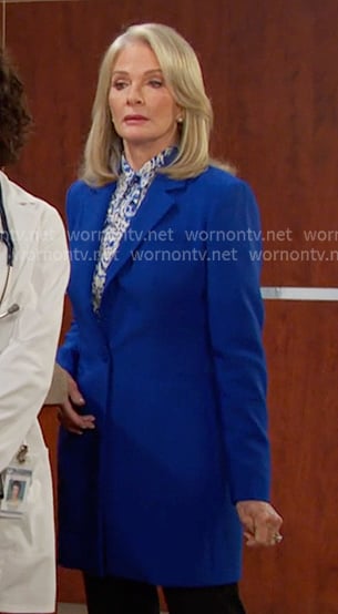 Marlena’s printed shirt and blue long blazer on Days of our Lives