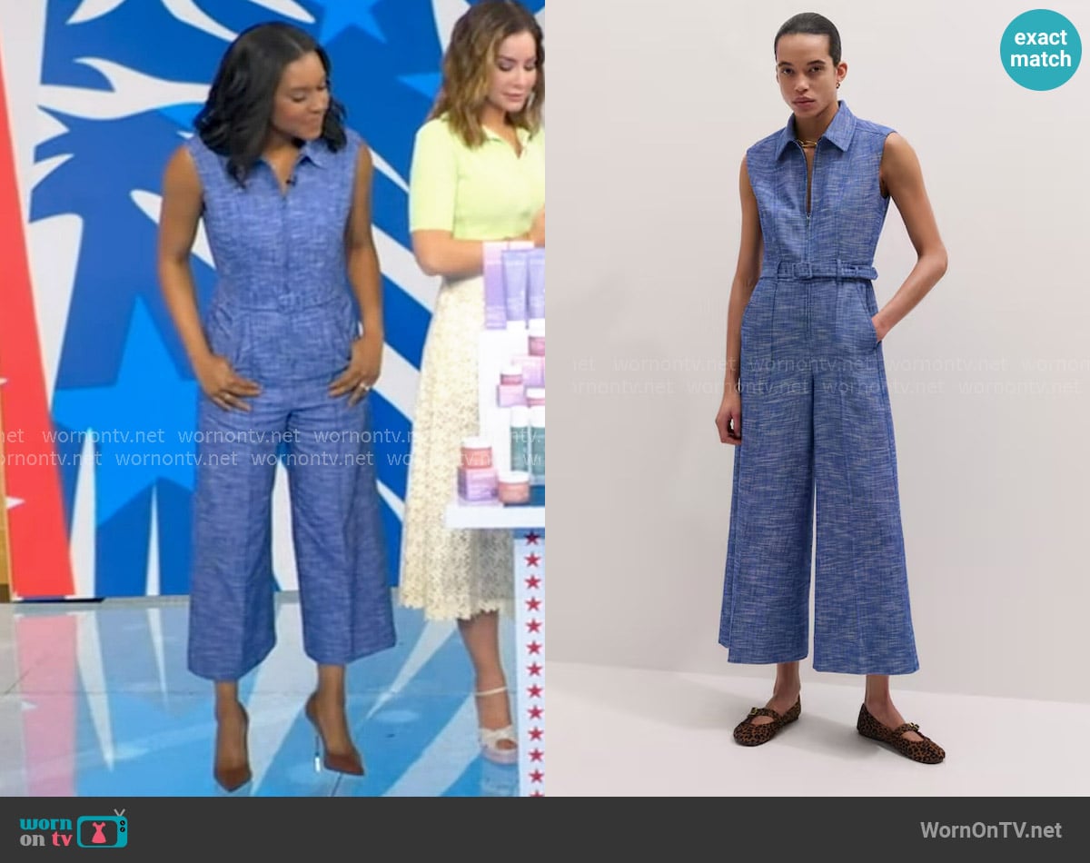 Me + Em Crop Wide-Leg Jumpsuit in Blue Multi worn by Rachel Scott on Good Morning America