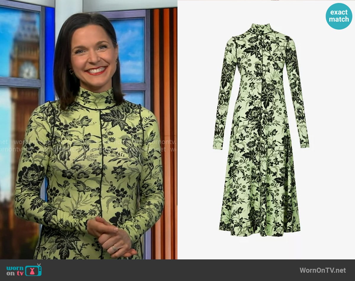 Me + Em Graphic-print Long-sleeve Stretch-woven Midi Dress worn by Maggie Rulli on Good Morning America