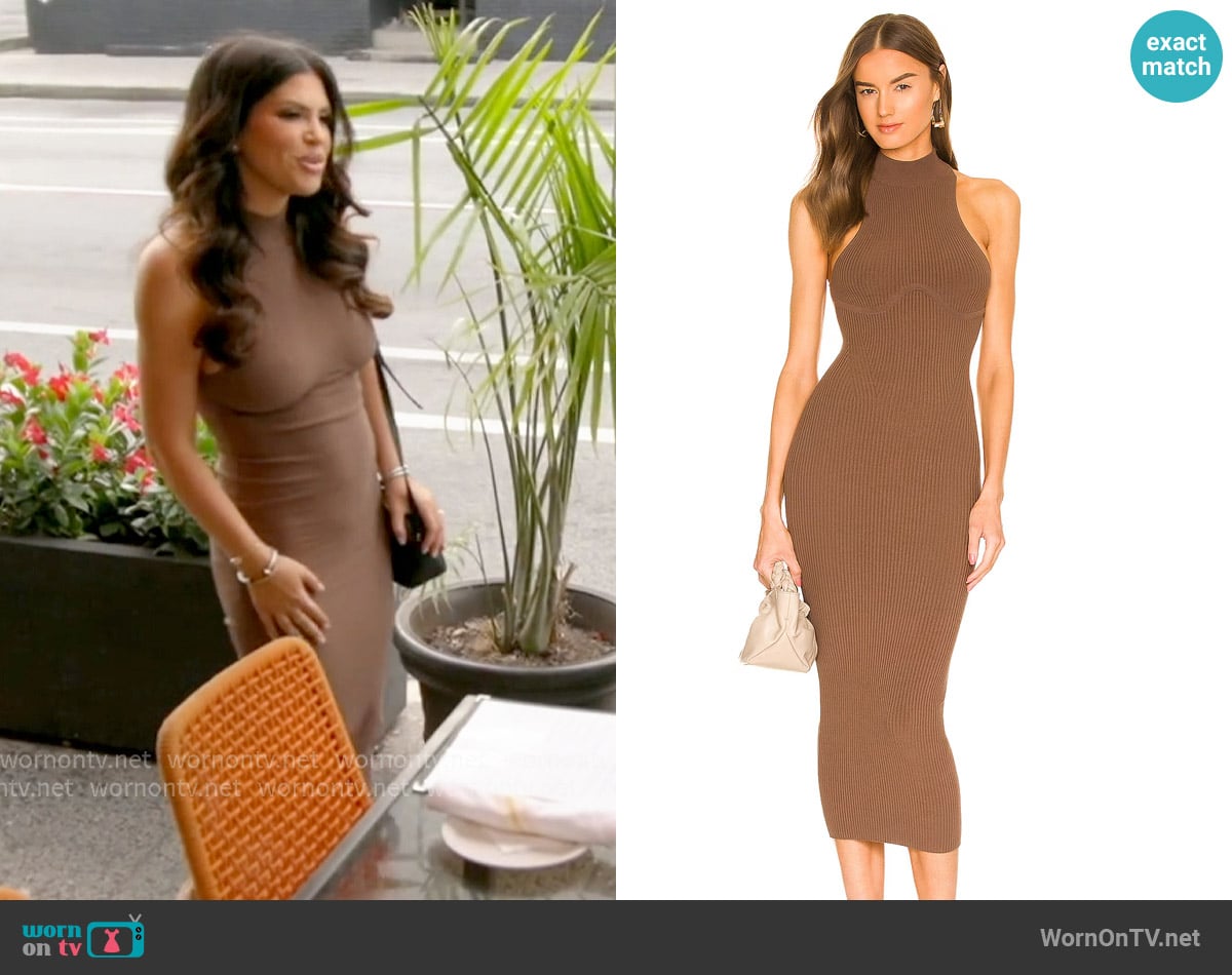 Michael Costello Annalie Long Midi Dress worn by Jo-Ellen Tiberi on The Real Housewives of Rhode Island