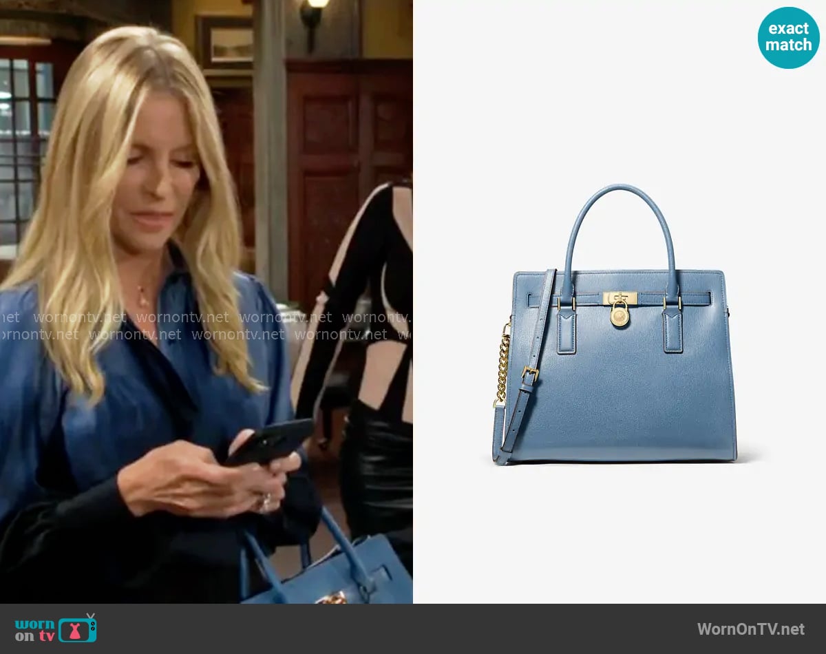 MICHAEL Michael Kors Hamilton Moderne Large Leather Satchel in French Blue worn by Christine Blair Williams (Lauralee Bell) on The Young and the Restless