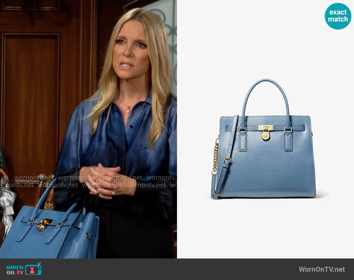 MICHAEL Michael Kors Hamilton Moderne Large Leather Satchel in French Blue worn by Christine Blair Williams (Lauralee Bell) on The Young and the Restless