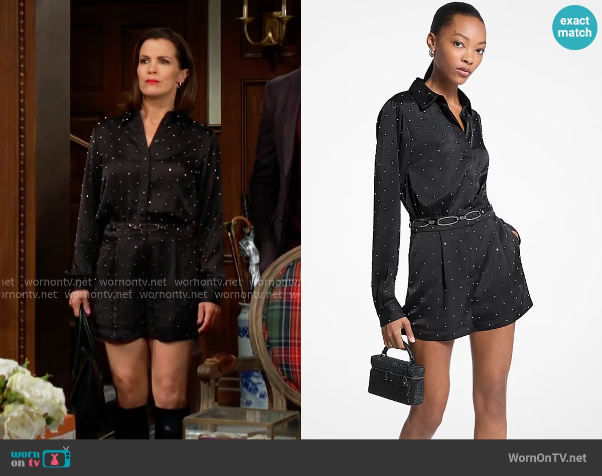 Chelsea’s black rhinestone studded romper on The Young and the Restless