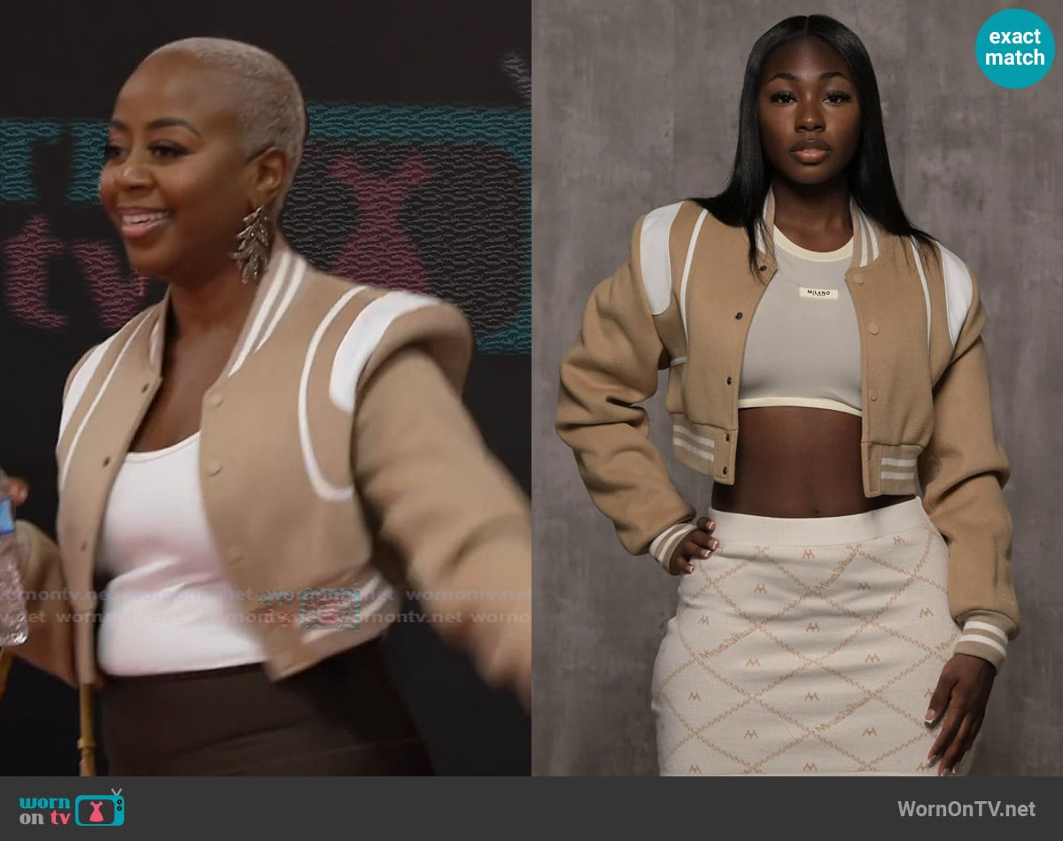 Milano Di Rouge Crop Gamble Jacket II worn by Pinky Cole on The Real Housewives of Atlanta