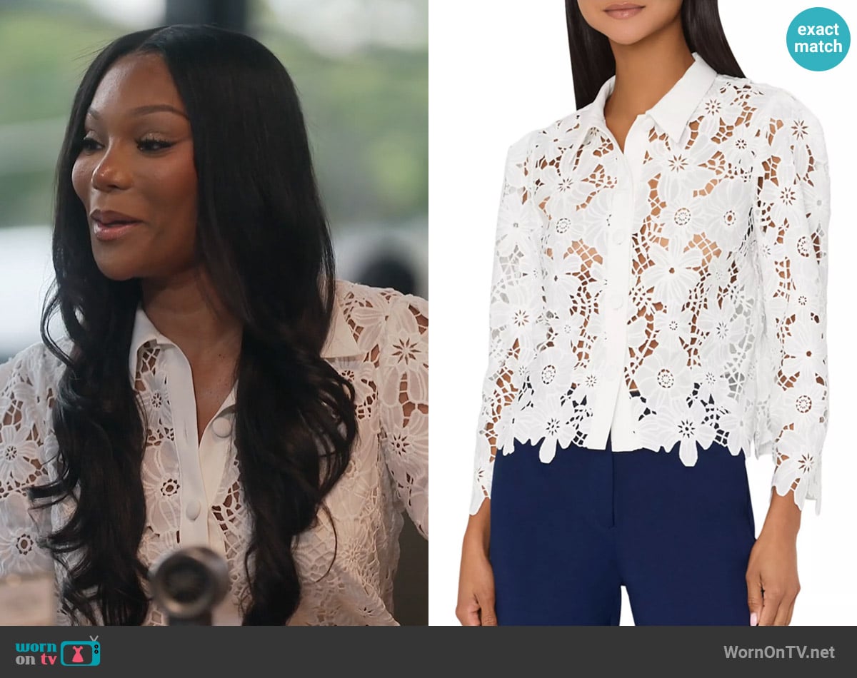 Angela’s white floral lace blouse on RHOA Angela’s white floral lace blouse on RHOA