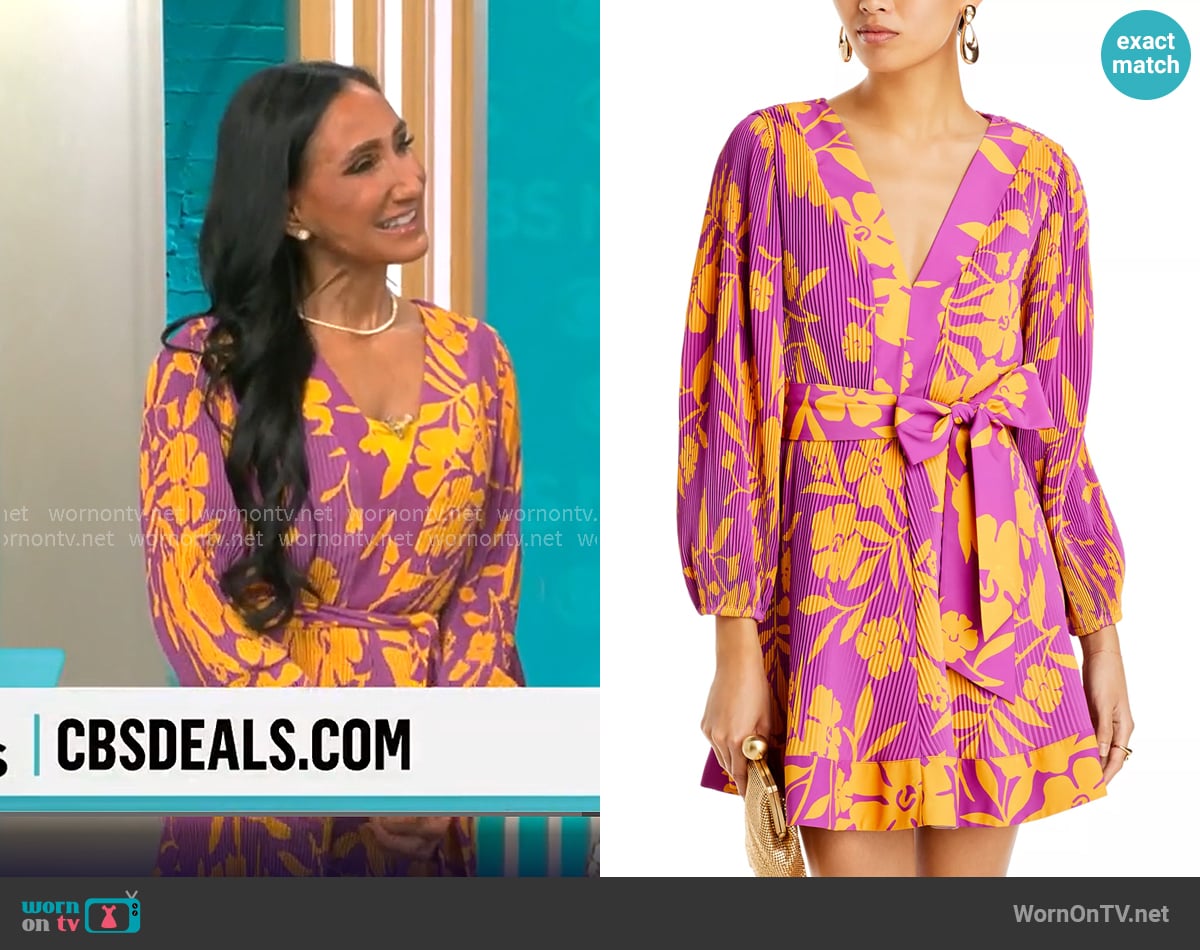 Milly Liv Marigold Mini Wrap Dress worn by Elizabeth Werner on CBS Mornings