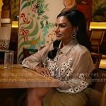 Mindy Kaling’s beige floral applique shirt and leather skirt on Today