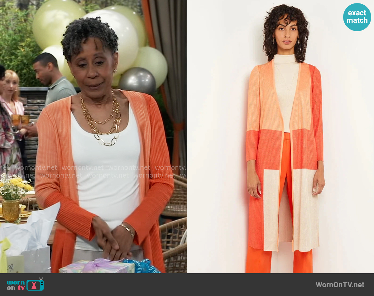 Misook Heritage Fit Colorblock Long Cardi Jacket worn by Stella Henry (Vernee Watson) on General Hospital