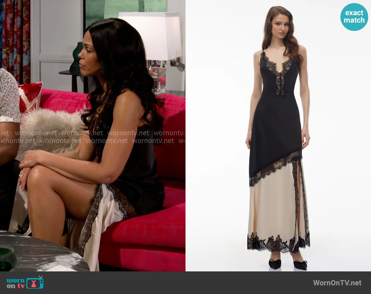 Miss Rosier Annabelle Black V-neck Lace Trim Panelled Slit Maxi Dress worn by Dani Dupree (Karla Mosley) on Beyond the Gates