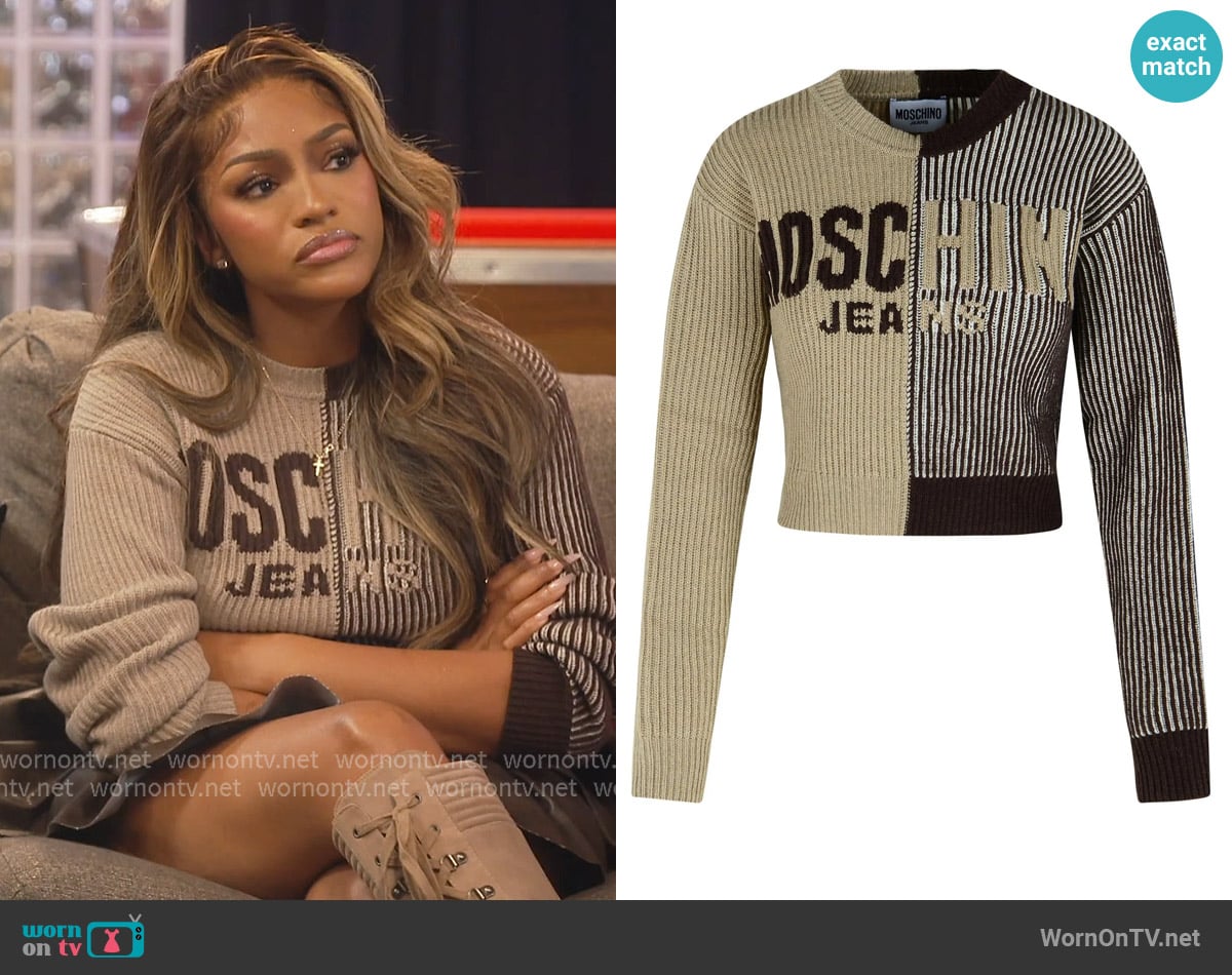 Drew’s Moschino colorblock sweater on RHOA Drew’s Moschino colorblock sweater on RHOA
