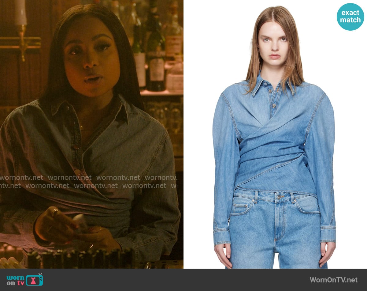 Mugler Blue Wrapped Chambray Shirt worn by Tiffany (Hannaha Hall) on The Chi