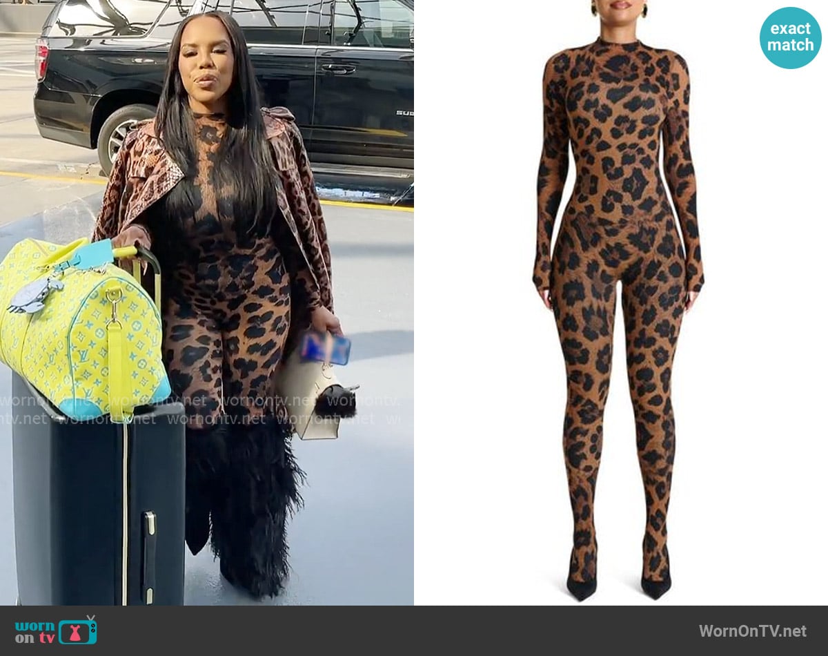 Naked Wardrobe Animal Print Closed Toe Jumpsuit worn by Kelli Ferrell on The Real Housewives of Atlanta