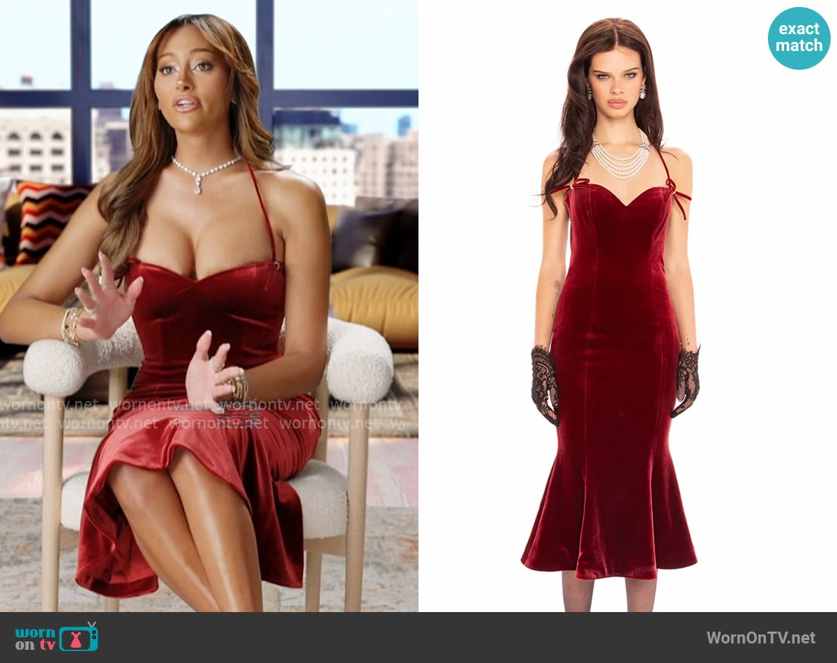 Nana Jacqueline Althea velvet maxi dress in red worn by Emira D’Spain on Next Gen NYC
