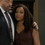 Naomi’s burgundy pinstripe button-front dress on Beyond the Gates