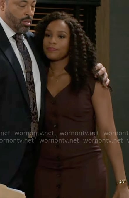 Naomi’s burgundy pinstripe button-front dress on Beyond the Gates