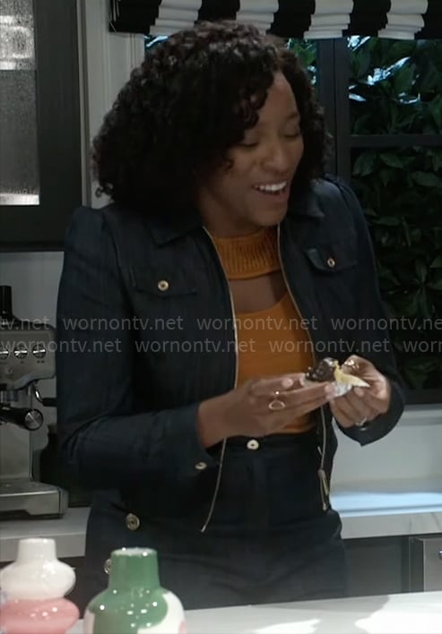 Naomi’s denim jacket and pants set on Beyond the Gates