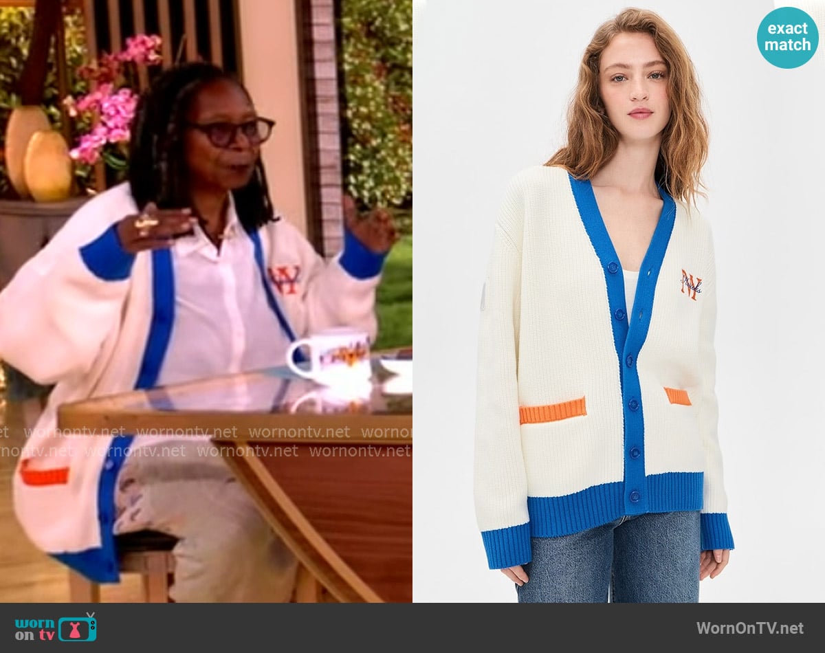 Whoopi’s white contrast cardigan on The View Whoopi’s white contrast cardigan on The View